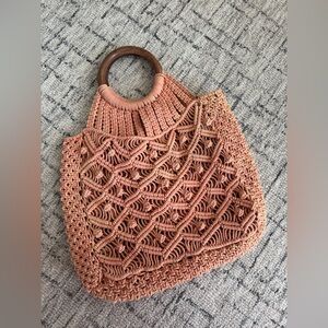 AMERICA & BEYOND Macrame Woven Boho Tote Purse Handbag Coral Rose Pink